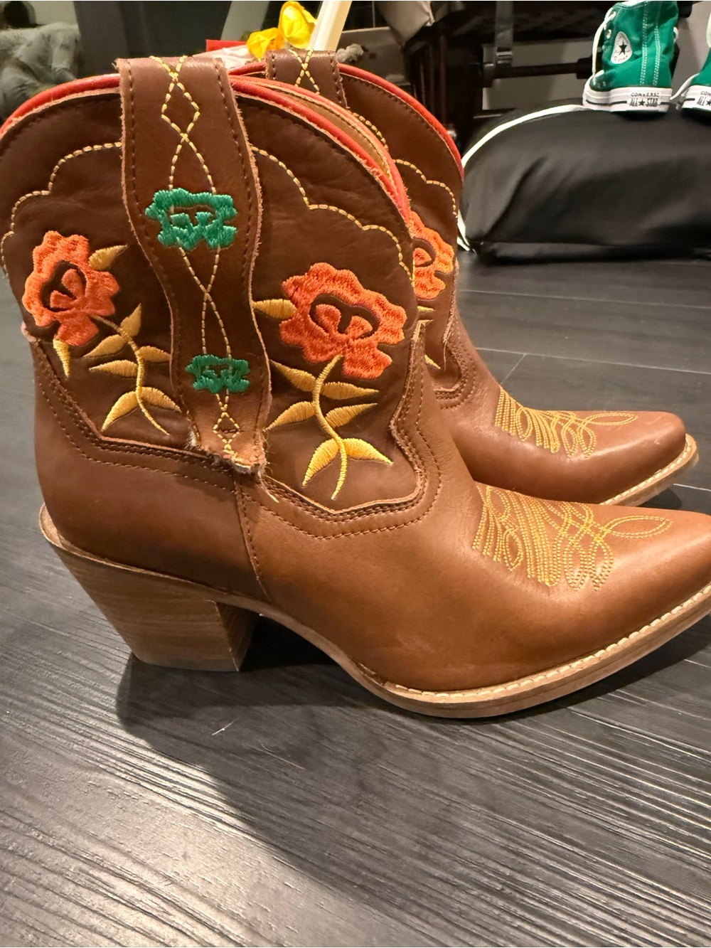 dingo Brown Leather Western Ankle Boots with Orange & Green Embroidery